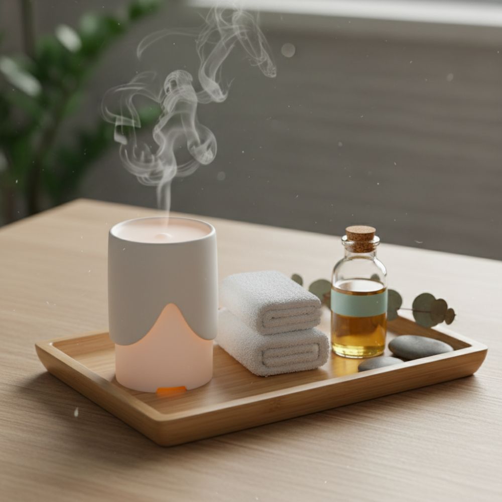 A diffuser with steam, a bottle of oil, and towels on a wooden tray.
