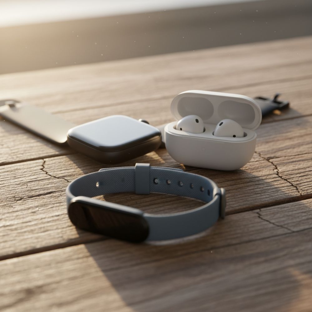 Smartwatch, phone case, and wireless earbuds on a wooden surface