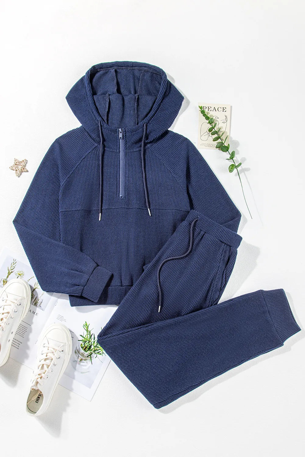 Drawstring Half Zip Hoodie and Joggers Activewear Set