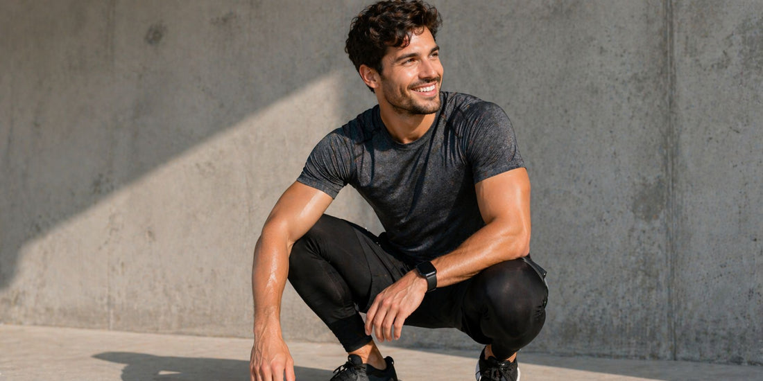 Man in athletic wear posing against a concrete wall