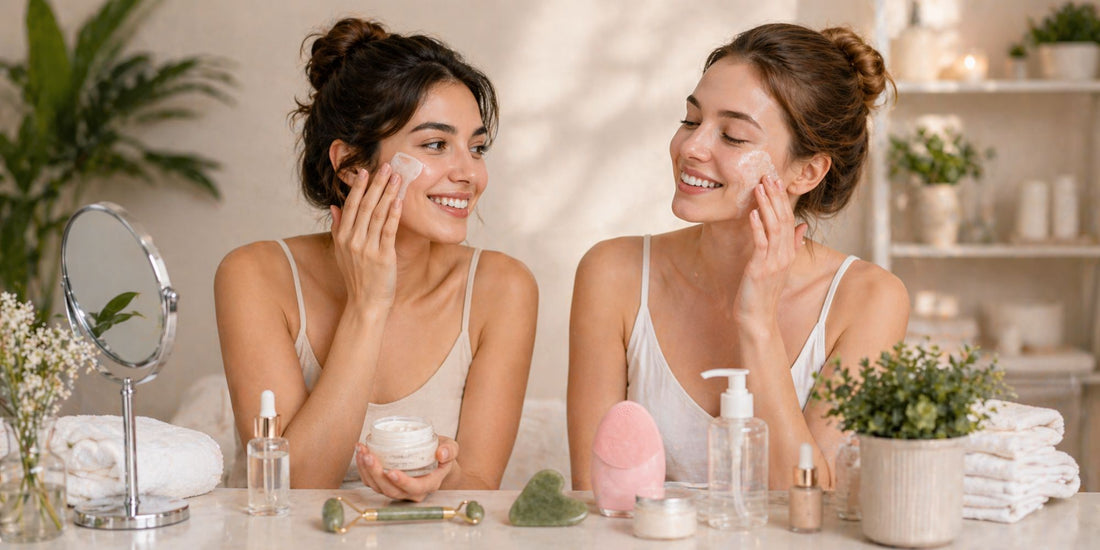 Two women applying cream to their faces with a mirror and skincare products on a table.