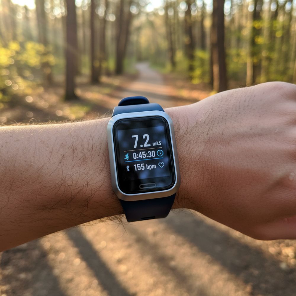 Smartwatch on a wrist with fitness tracking display in a forest setting