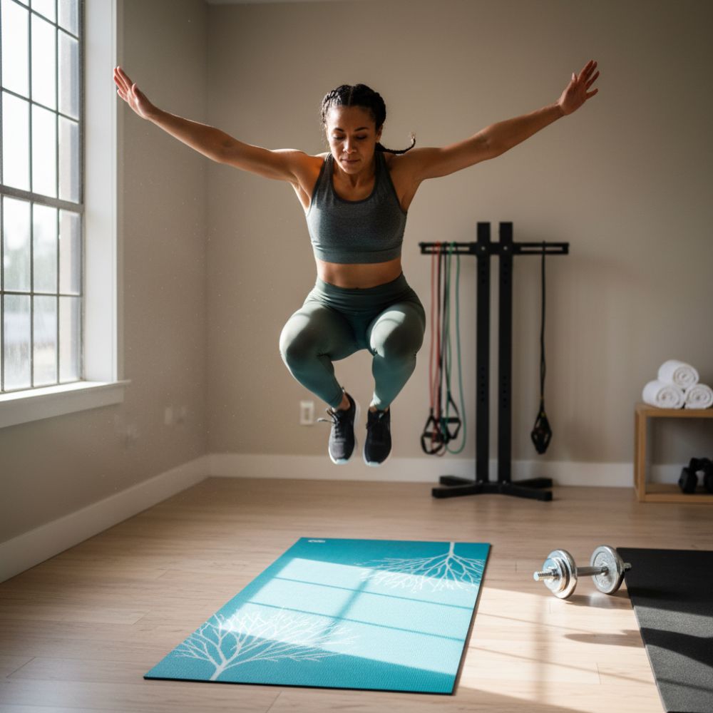 Woman jumping in a home gym with exercise mat and weights.