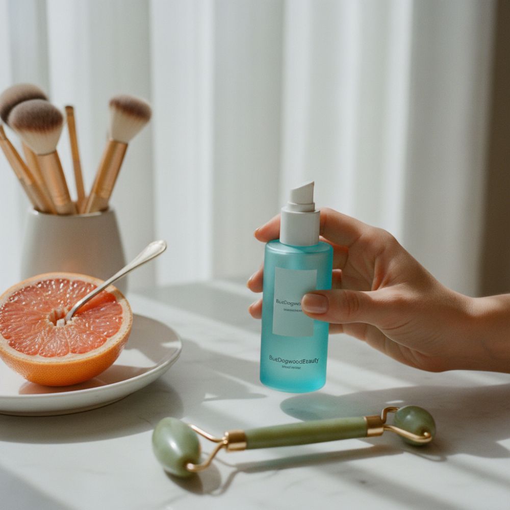 Hand holding a blue skincare bottle with a roller and grapefruit on a table.